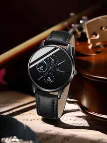 2Pcs Men's Black PU Leather Strap Fashionable Casual Classic Retro Three Eye Dial Quartz Watch Bracelet Jewelry Set For Daily Wear Or Holiday Gifts