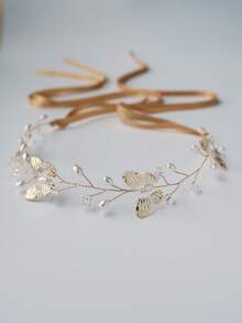 1pc Metal 3D Butterfly & Faux Pearl Beaded Headband Decoration, Suitable For Weddings, Parties & Daily Wear Valentine's Day Accessories - Gold - View 5