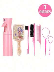 Set di 7 pezzi/6 pezzi/1 pezzo di pettini e flaconi spray, pettine in plastica antstatica con stampa a torre di cartone animato, ago per capelli portatile, flacone spray ad alta pressione, adatto per bambini e ragazze, capelli normali, manico in ABS, design quadrato carino, set di strumenti per parrucchieri