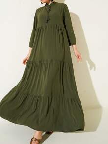Women's Solid Color Ruffle Tie Neck Lantern Sleeve Elegant Dress - Green - View 3