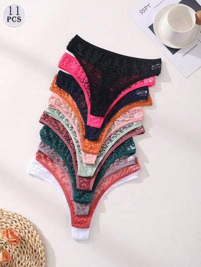11pcs/Pack Women's Sexy Leopard Lace Thong Panties, Low Waist Seamless Hollow Out Breathable Underwear