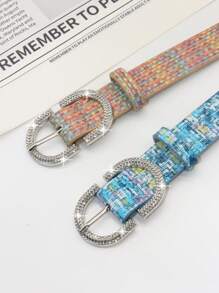 1pc Women's Diamond-Encrusted Metal Colorblock Boho Vintage PU Leather Belt, Suitable To Match Denim Jeans And Dresses