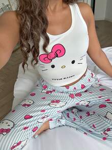 Sanrio 【奇幻世界】Hello Kitty 女士印花露脐上衣 + 松紧腰裤 2 件套可爱睡衣套装 - 白色 - 查看 4