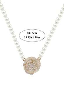 1件简约仿珍珠山茶花项链，时尚别致的设计，锁骨链，百搭配饰，情人节配饰 - 白色 - 查看 4