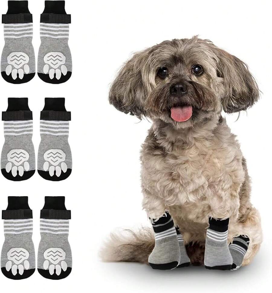 Rypet Anti Slip Dog Socks 3 Pairs - Dog Grip Socks With Straps Traction Control For Indoor On Hardwood Floor Wear, Pet Paw Protector For Small Medium Large Dogs M - Grey - View 1