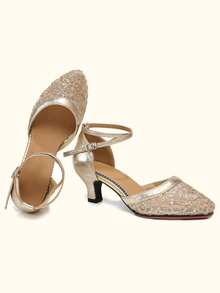 女士拉丁舞鞋露趾蕾丝亮片设计舞鞋交谊舞莎莎探戈派对练习表演舞蹈鞋