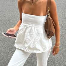 Womens's Ruffle Hem Bandeau Tube Tops Y2K Aesthetic Sleeveless Strapless Peplum Flowy Blouse Shirts Summer Going Out Tanks - White - View 1