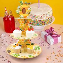 4 Stücke 3-stufiger Cupcake-Ständer im Bienenmotiv - lebendiges Gelb und Grün Design mit Wabenmuster und Blumenmuster, ideal für Baby-Shower, Hochzeit, Geburtstagsparty Dekoration, Bienen Dekor