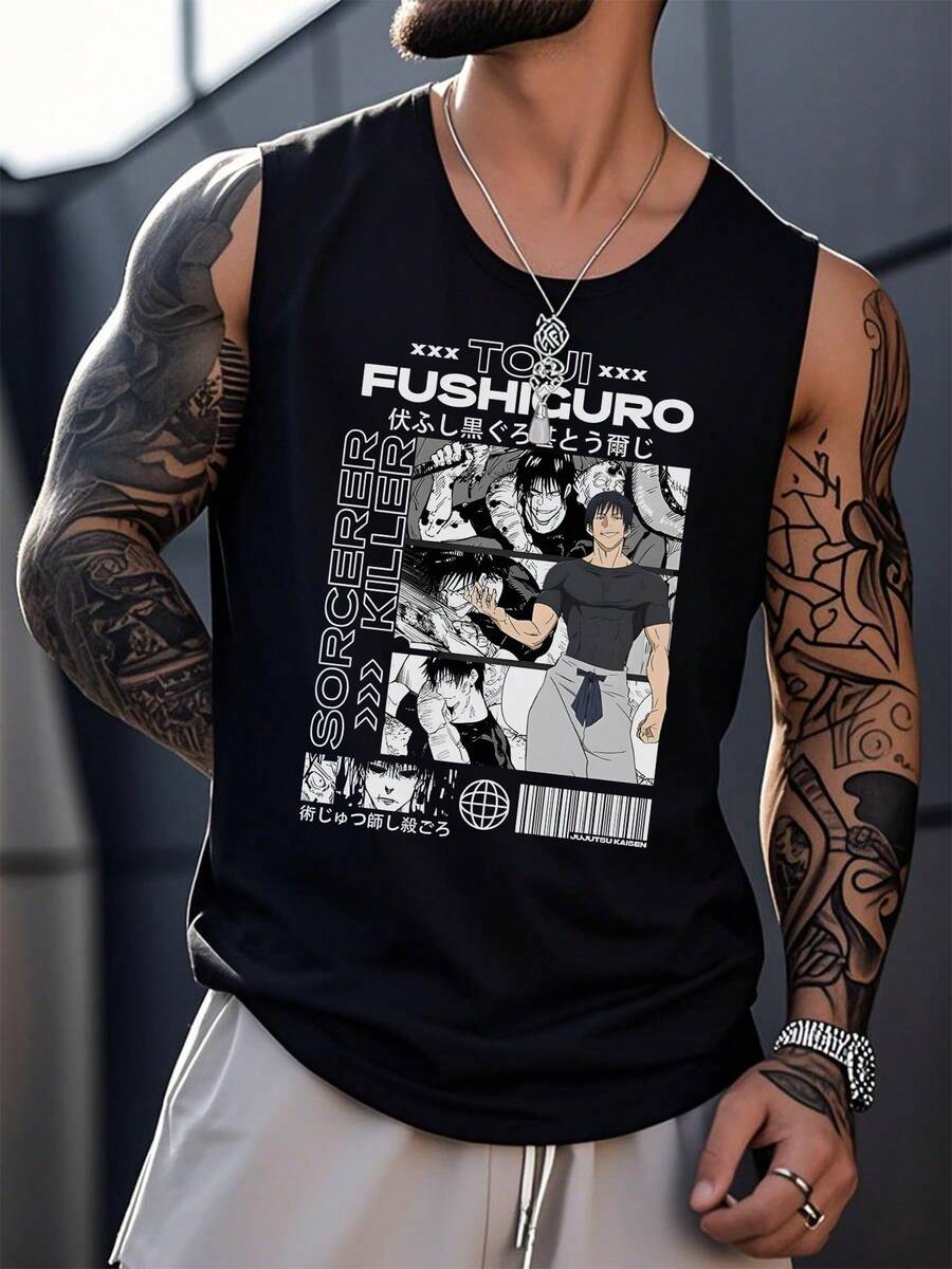 1pcs Cool Anime Graphic Printed Men's Tank Tops Summer Muscle Tank Tops 100% Pure Cotton Ideal Choice For Gym Workout And Casual Wear - Black - View 1