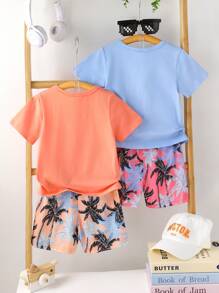 Conjunto de 4 piezas de ropa informal y linda para niño bebé, que incluye camisetas de manga corta de cuello redondo suaves, transpirables y cómodas, y shorts con estampado de árboles de coco en estilo de playa, adecuados para uso diario, vacaciones y fiestas