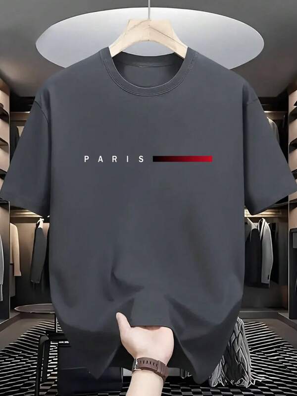 T-shirt décontracté à manches courtes et col rond avec imprimé lettres de Paris, pour homme grande taille, été