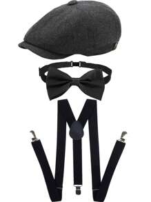 D EXCEED 3/4 pièces Accessoires pour hommes des années 1920 : Chapeau Fedora style gangster, bretelles Y-Back et nœud papillon pré-noué. Ensemble pour hommes des Années folles : Casquette Newsboy Ivy pour une fête sur le thème de Gatsby le Magnifique