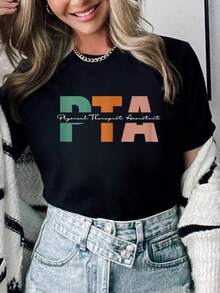 Physical Therapy Assistant Print Crew Neck Casual T-Shirt Short Sleeve Sports Top, Smart Casualstreet Style Women's Clothing - màu đen - Xem 1