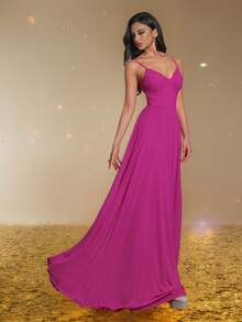 Smilprince Vestido largo de línea A con tirantes finos color fucsia, vestido de dama de honor sencillo, vestido formal elegante de largo maxi, vestido de graduación y fiesta para mujeres, atuendo de graduación - Rosa Fucsia - Ver 5