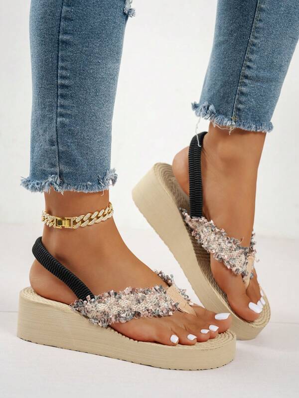Women's Wedge Sandals, Low-Heel Sandals, Layered Strap Sandals With Tassel, Cross-Tied, Slip-On Seaside Beach Shoes, Outdoor Travel Open-Toe Versatile Holiday Retro Style, Beige Color With Contrast