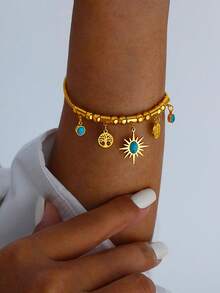 1pc Elegant Stainless Steel Hollow Life Tree Rhinestone Decor Pendant Bracelet For Women, Fashionable Multi-Functional Design, Suitable For Daily Wear - View 6