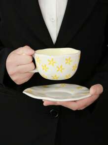 1pc Hand-Painted Floral/Yellow Stamen Ceramic Coffee Cup And Saucer Set, Suitable For Home, Office, Cafe Use, Ideal Gift For Women, Mom, Birthday Back To School