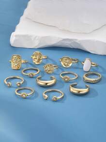 13pcs/Set Retro Rhinestone Hollow Portrait Adjustable Ring Set - Suitable For Daily & Casual Occasions