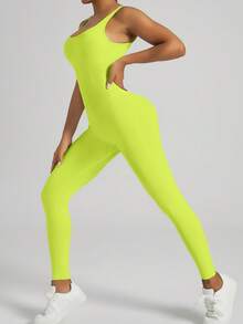 Women's Sleeveless Back Deep V Hollow Back Sports Jumpsuit, Elastic Beauty Back Gym Training Jumpsuit - Lime Green - View 2
