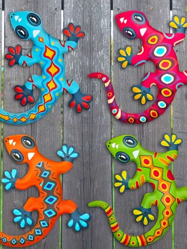 4pcs 2D Colorful Wooden Gecko Wall Decor, Outdoor Garden Patio Decoration, Suitable For Indoor Or Outdoor, Great Gift For Mom, Dad And Friends