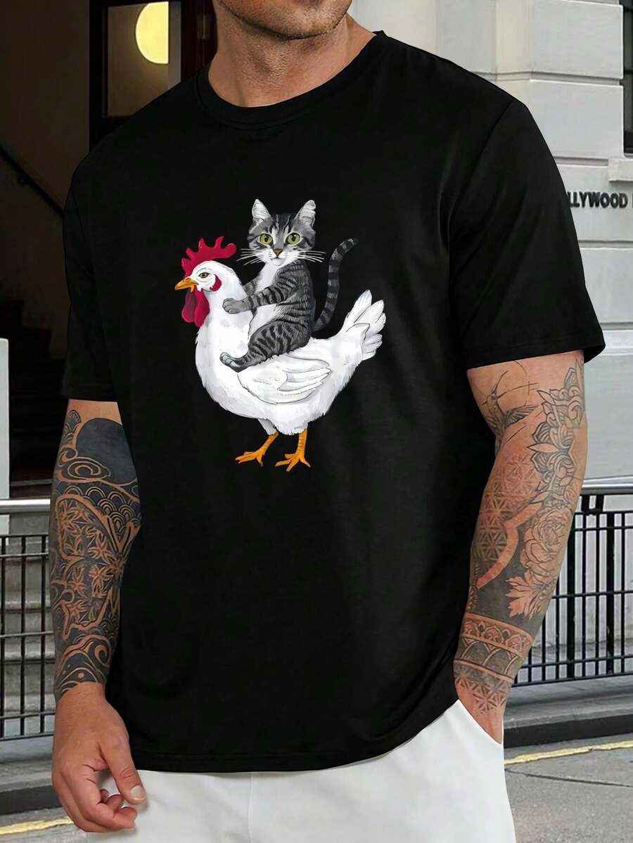 Camiseta divertida de gato montando un pollo - Camiseta unisex para amantes de los animales, novedad, cuello redondo, manga corta, camiseta casual de algodón suave, regalo para dueños de gatos y pollos, regalo para marido - Negro - Ver 1