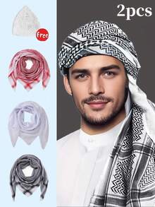 2 件阿拉伯风格男士头巾，中东风格头巾披肩，含 1 条纯色内围巾，涤纶波西米亚头巾，适合所有季节（默认内围巾有轻微瑕疵）