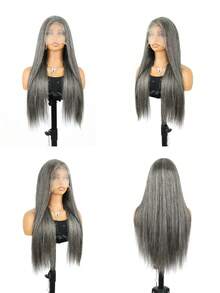 180% Density Highlight Grey Bone Straight Human Hair 13x4 Transparent Lace Front Wig Highlight Sliver Gray Straight Human Hair Wigs Salt And Pepper Grey Straight Hair Wig Pre Plucked - Highlight & Piano - View 2