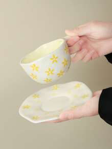 1pc Hand-Painted Floral/Yellow Stamen Ceramic Coffee Cup And Saucer Set, Suitable For Home, Office, Cafe Use, Ideal Gift For Women, Mom, Birthday Back To School