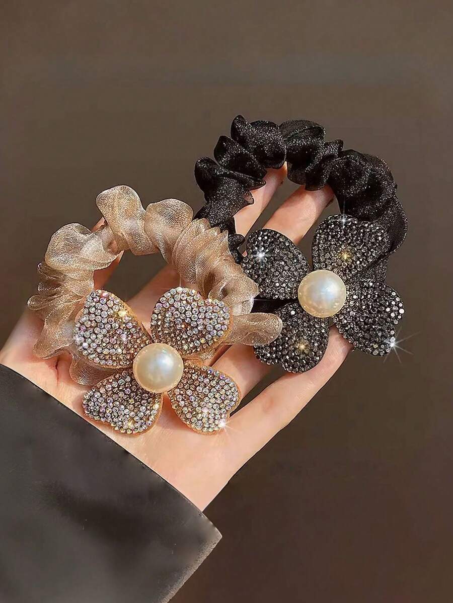 2pcs Faux Pearl & Rhinestone Decorated Hair Scrunchies, New Mesh Four-Leaf Flower Petal Hair Ties, French Elegant Ponytail Holders, Shiny Polyester Hair Accessories ,Head Piece Hair Ties Head Accessories Elastic Band Hair Rubber Bands - As Shown - View 1