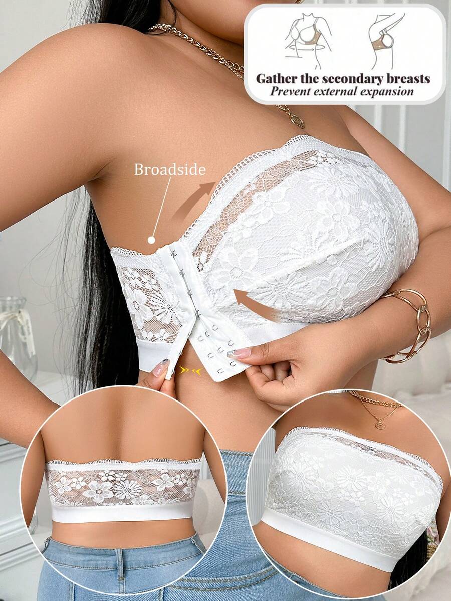 Plus Size Comfortable Side Button Lace Splice Wireless Bra - White - View 1