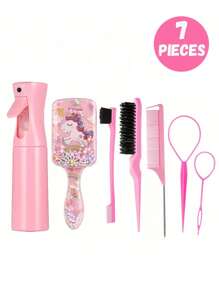 Set di 7 pezzi/6 pezzi/1 pezzo di pettini e flaconi spray, pettine in plastica antstatica con stampa a torre di cartone animato, ago per capelli portatile, flacone spray ad alta pressione, adatto per bambini e ragazze, capelli normali, manico in ABS, design quadrato carino, set di strumenti per parrucchieri