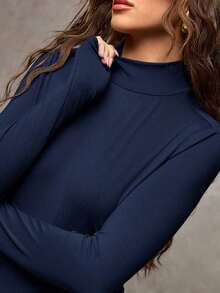 Body Gola Alta Feminino Sexy Manga Longa Costas Abertas Segunda Pele Moda Outono Inverno Moda Blogueira Moda Gringa - Azul Marinho - Visão 4