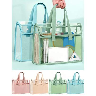1 件大容量透明防水 PVC 手提包，带可扩展网状储物袋 - 便携式办公用品、学校文件等 - 粉色、绿色、蓝色、黄色可选，文件整理袋 | 时尚储物袋 | PVC 储物袋，返校，学校用品