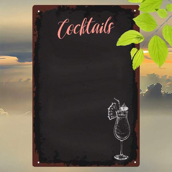 1 Stück Cocktail-Menü Schild - 20x30 cm Eisen Wandkunst mit eleganter Kursivschrift "Cocktails", Grün Blatt Dekor und Chic Cocktail Glas Design für Zuhause Bar, Restaurant oder Party Dekoration, Bar Dekoration | Elegantes Cocktail Design | Robuste Wandkunst, Cocktail Dekor