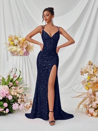 ADYCE Abito da sera lungo con scollo a V, spalline con paillettes, spacco frontale e laccio sulla schiena, adatto per feste, gala, matrimoni, abiti eleganti formali, laurea, Capodanno