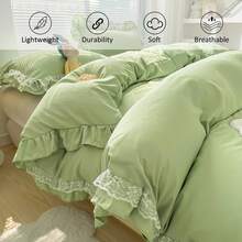 3 Pieces Green Soft Microfiber Bedding Set Frills Duvet Cover Set With 2 Pillowcase, Zipper Closure, Suitable For King And Double Size Bed In Home Decor Bedroom, Valentine's Day Gifts, Fall Decor, All Season - Lace (Green) - View 4