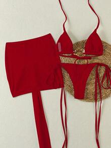 New Arrival Spring/Summer Sexy Elegant Casual Red Solid 3-Piece Bikini Set Set, Suitable For Beach, Vacation, Party, Date - Red - View 4