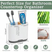 带分隔板的牙刷牙膏架浴室台面收纳架，2槽牙刷架储物架带排水功能，家庭装，S（木纹） - 白色 - 查看 4