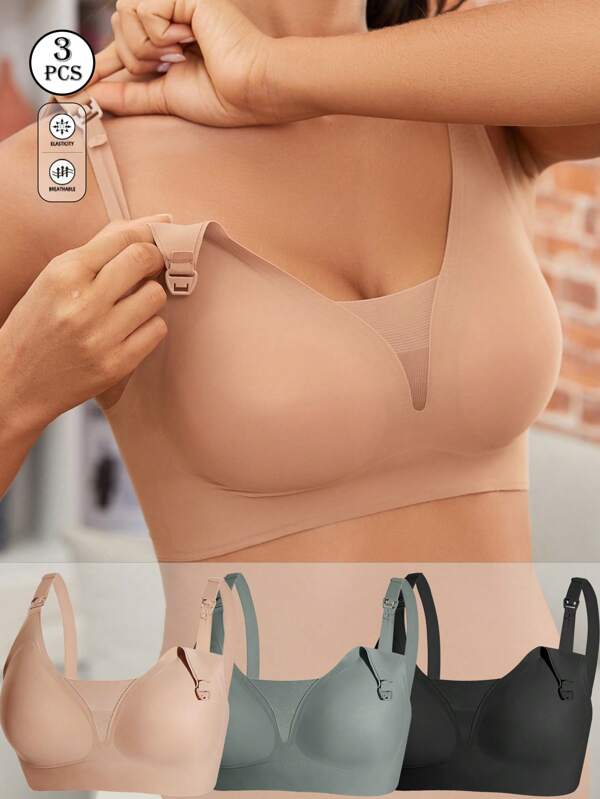 3 Stücke Schwangerschafts- und Stillblusen, tiefer V-Ausschnitt sexy mit Frontverschluss Stillblusen, bequemer nahtloser Lift & Halt, geeignet für alle Jahreszeiten