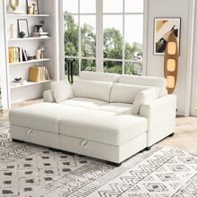Sofá loveseat, sofá modular, tapizado en pana, con cojines y respaldo desenfundables, sofá moderno, sofá individual, reposapiés, reposabrazos anchos, adecuado para salón, dormitorio, apartamento, beige/gris