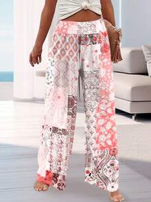 Style décontracté de vacances élégant, veste polyvalente slim pour femmes, convient pour sortir, la maison, les voyages, le travail. Nouveaux pantalons amples à fleurs patchwork pour femmes en automne/hiver - Rouge - Voir 3