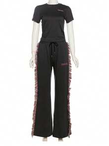 2 件套字母印花圆领短袖 T 恤和流苏边休闲裤夏季服装 - 灰色 - 查看 4