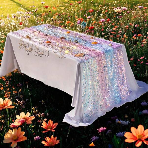 1pc Purple Sequin Tablecloth, Rainbow Sequin Fish Scales Table Cloth, Suitable For Baby Christening Birthday Party Wedding Dessert Table Decoration