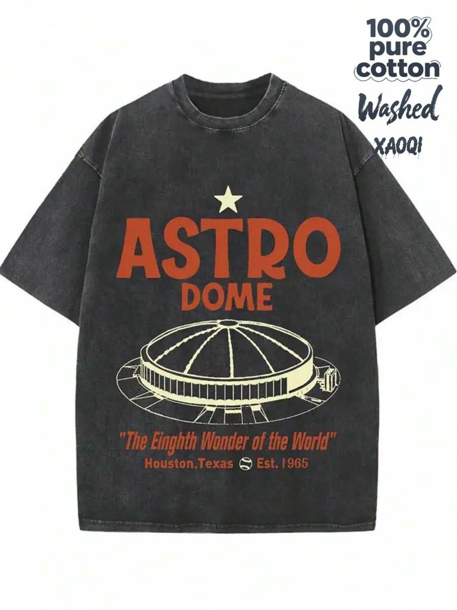 230G Washed Pure Cotton T - Shirt, Landmark - Themed Style, With Dark 'ASTRO DOME 'The Eighth Wonder Of The World' Houston,Texas Est. 1965' Text And Dome - Building Pattern Print, Outdoor Sports T - Shirt Y2K Soft Knitted T - Shirt Fall Clothes For Women Halloween - 黑色 - 查看 1