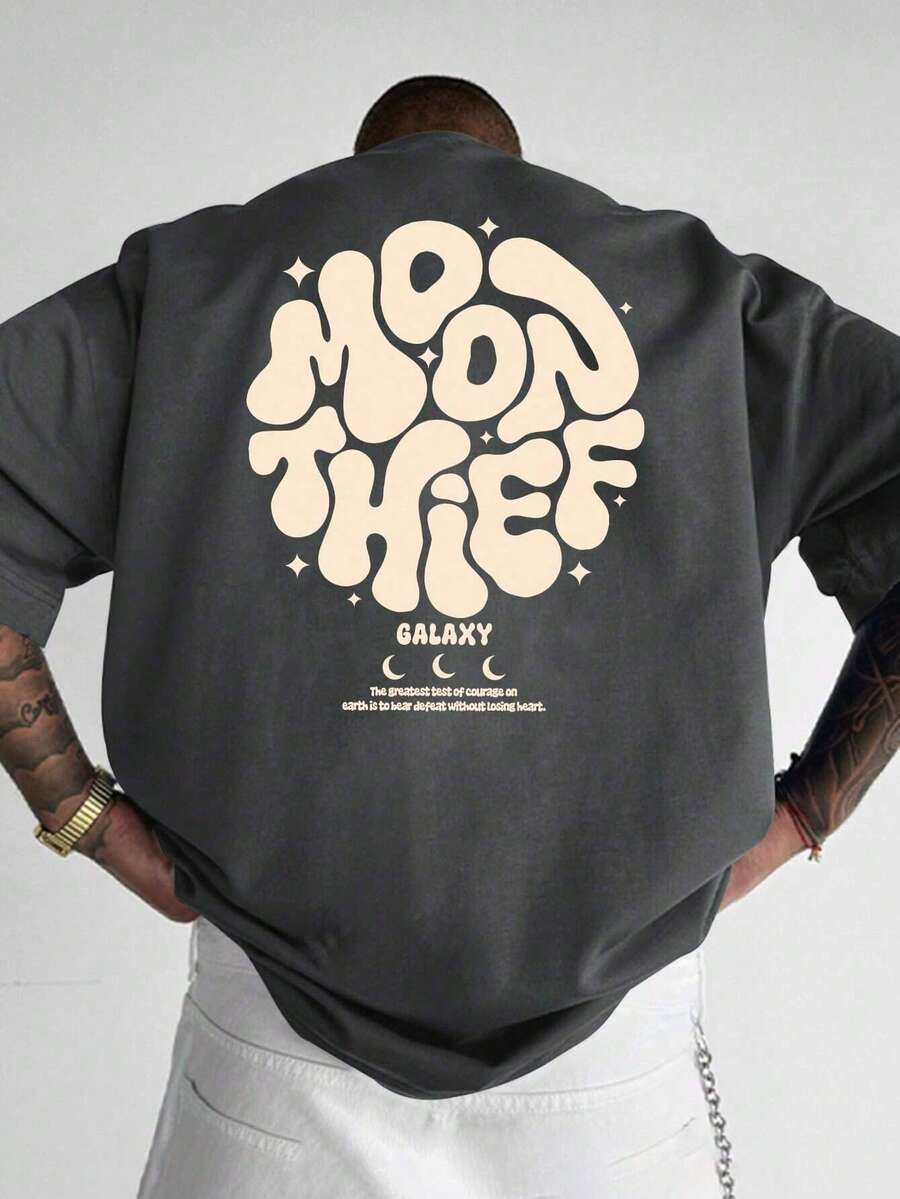 大码男士休闲图案字母印花宽松灰色短袖 T 恤 - 深灰色 - 查看 1