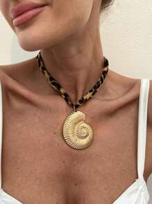 1pc Bohemian Leopard Print Rope Chain Necklace With Thick Starfish, Sun, Flowers, Heart Shells, Beach Style Jewelry Gift For Women