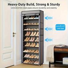 Zapatero multicapa | Funda no tejida | Capacidad para 27-35 pares | Fácil de montar, portátil y duradero | Estructura de metal | Diseño compacto para recibidor, dormitorio y sala de estar | Ideal para calzado deportivo, tacones altos, botas y zapatero. - Gris-10 capas - Ver 4