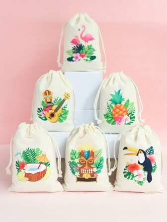 6 piezas Bolsas de algodón con cordón estampadas con hojas de palmera y flamencos en estilo hawaiano para fiestas de verano, bolsas de obsequio, pequeños regalos, decoración de fiestas y vacaciones