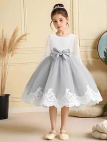 Young Girls Lace Long Sleeve Bow Mesh Elegant Flower Girl Princess Dress, Suitable For School, Piano Recital, Formal Occasions, Does Not Include Headband - Grey - View 4