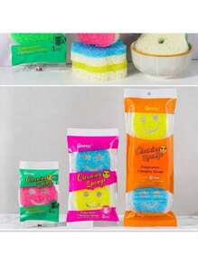 2pacs/3 Pacs Of Kitchen Dishwashing Sponges With Smiling Faces, Happy Cleaning With Mom And Dad, Scratch Resistant, Cute Cleaning Supplies For Easter, Christmas, And Halloween, Dishwashing Sponges In Random Colors